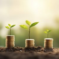 Tree growing on coins and light bulb concept saving money with energy, generat ai
